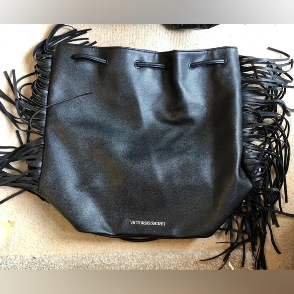 Victoria's Secret Black Faux Leather Fringe Hobo Women's Backpack